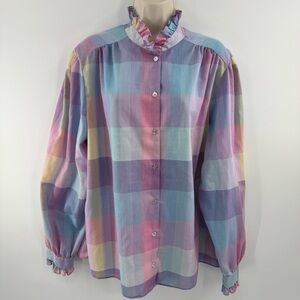 Vintage 80s Pastel Plaid Ruffle Collar Blouse Shirt Made in USA Sz Med (P1)